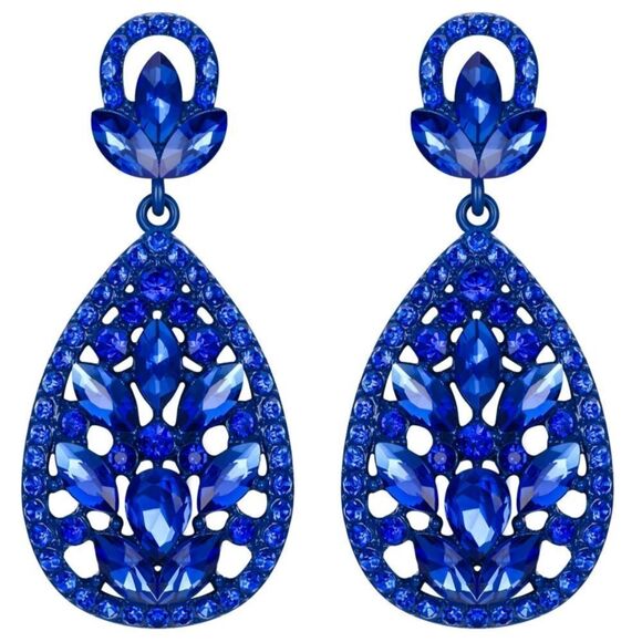Blue with Sapphire Blue Austrian Crystal Teardrop Chandelier Post Earrings